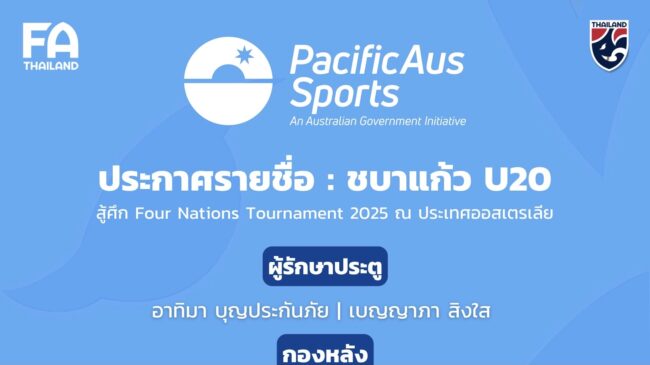 ประกาศ : รายชื่อ 20 นักฟุตบอลหญิงทีมชาติไทย U20 ลุยศึก Four Nations ที่ ออสเตรเลีย