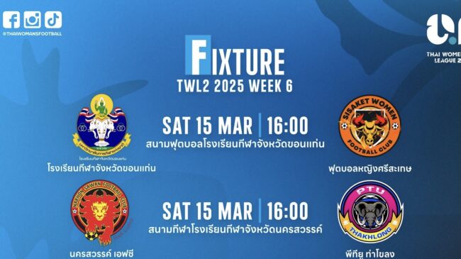 โปรแกรมฟุตบอลไทย วีเมนส์ ลีก ดิวิชั่น 2 ฤดูกาล 2025 แมตช์เดย์ที่ 6