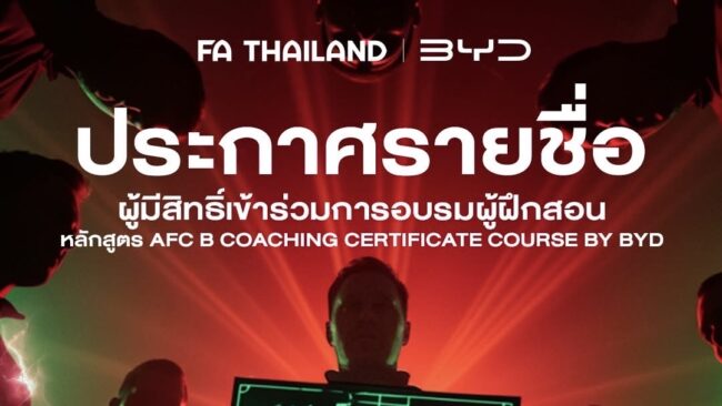 ประกาศ : รายชื่อ 24 ผู้ฝึกสอน หลักสูตร AFC B Coaching Certificate Course by BYD