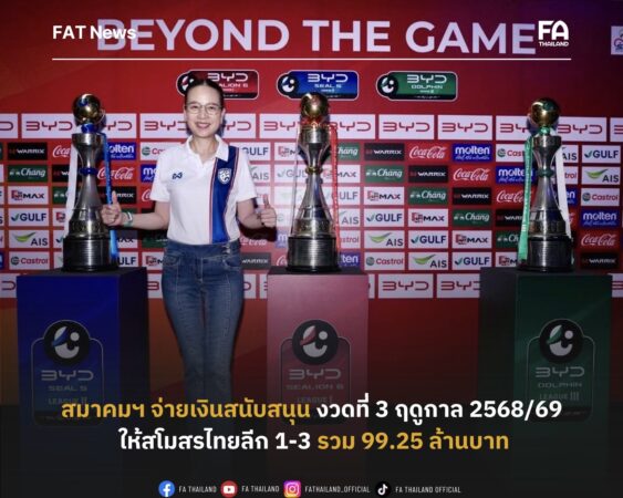 สมาคมฯ จ่ายเงินสนับสนุน งวดที่ 3 ฤดูกาล 2568/69 ให้สโมสรไทยลีก 1-3 รวม 99.25 ล้านบาท