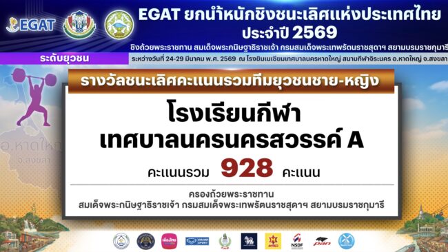 โรงเรียนกีฬาเทศบาลนครนครสวรรค์ เอ คว้ารางวัลชนะเลิศคะแนนรวมทีมชาย-ทีมหญิง พร้อมควบรางวัลชนะเลิศคะแนนรวมทีมชาย ยกน้ำหนัก EGAT ยุวชน ชิงชนะเลิศแห่งประเทศไทย