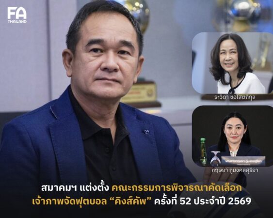 ประกาศแต่งตั้งคณะกรรมการพิจารณาคัดเลือกเจ้าภาพ ฟุตบอล ชิงถ้วยพระราชทาน “คิงส์คัพ” ครั้งที่ 52 ประจำปี 2569