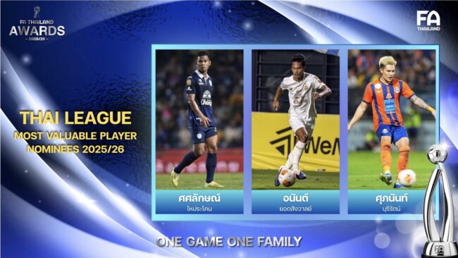 ศศลักษณ์-อนันต์-ศุภนันท์” ลุ้นรางวัลผู้เล่นทรงคุณค่าแห่งปี (ไทยลีก) THAI LEAGUE MOST VALUABLE PLAYER 2025/26