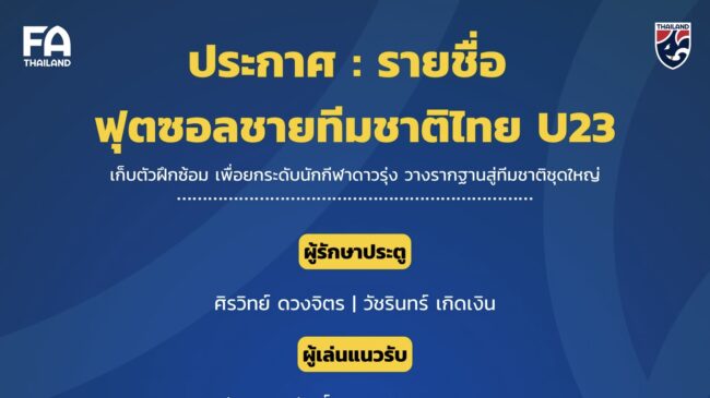 รายชื่อ 16 แข้ง ฟุตซอลชายทีมชาติไทย U23 เก็บตัวฝึกซ้อม เพื่อยกระดับนักกีฬาดาวรุ่ง วางรากฐานสู่ทีมชาติชุดใหญ่